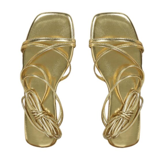 Women's Lace Up Strappy Flat Sandals Metallic Square Open Toe Sandal Tie Up - Picture 2 of 3